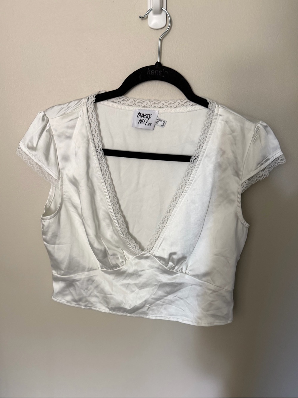 Princess Polly White Satin Lace-Trim V-Neck Crop Top